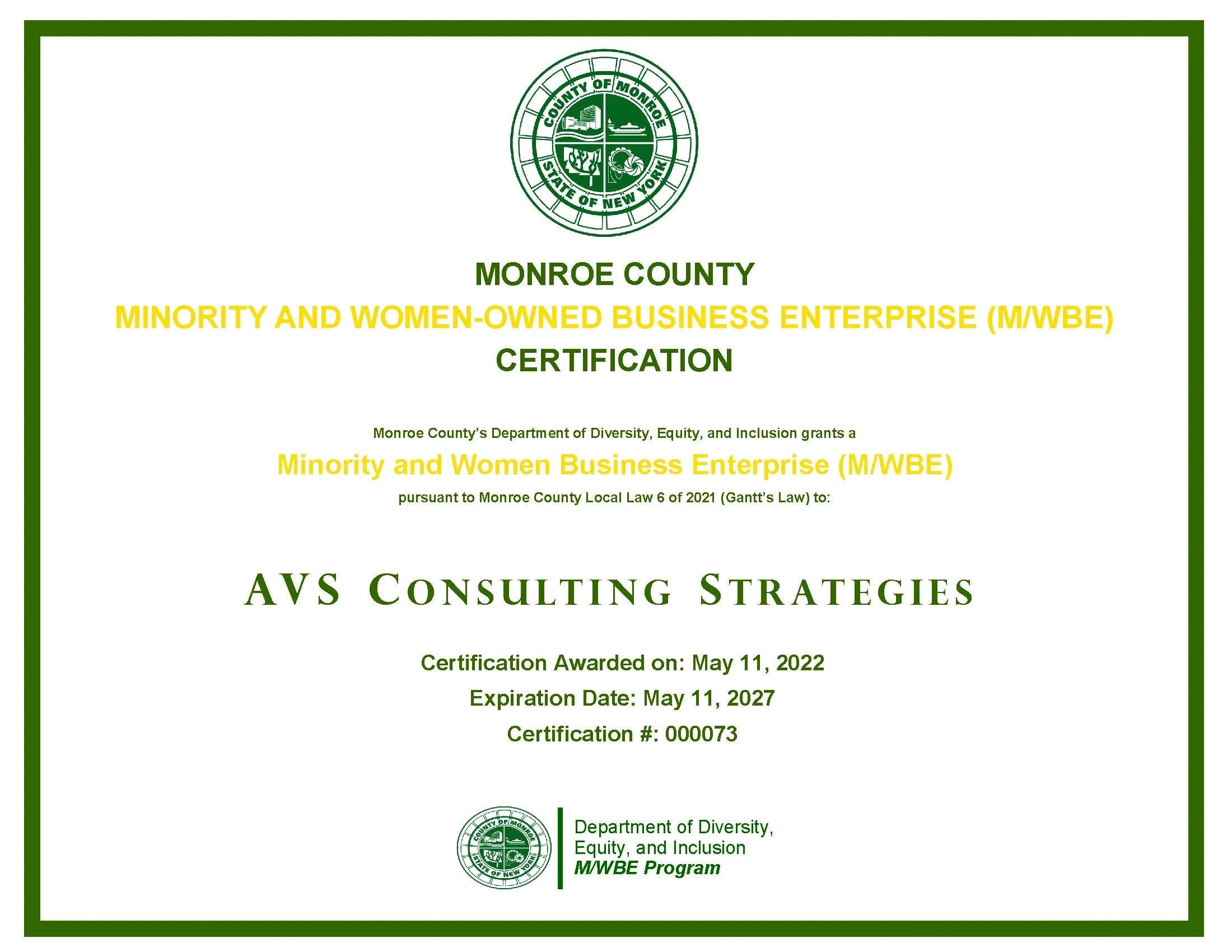 Monroe County M/WBE Certification for AVS Consulting Strategies